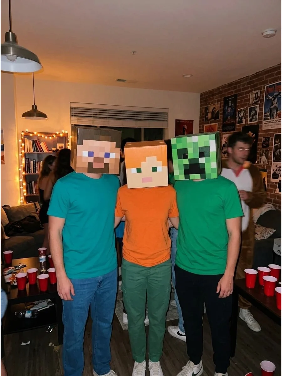 Minecraft Characters. Turn simple square cardboard boxes into pixelated character heads and pair them with solid-colored clothing. Friends can dress as different characters, animal
