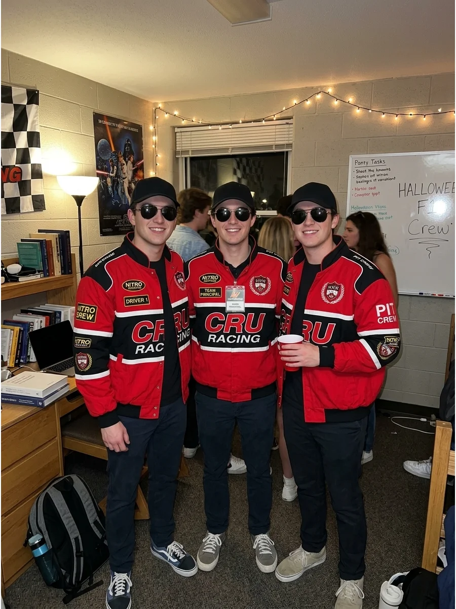 Formula 1 Racing Team. Wear matching racing jackets, dark pants, sunglasses, and baseball caps for a sleek motorsport-inspired costume. Personalize each outfit with printed team-st