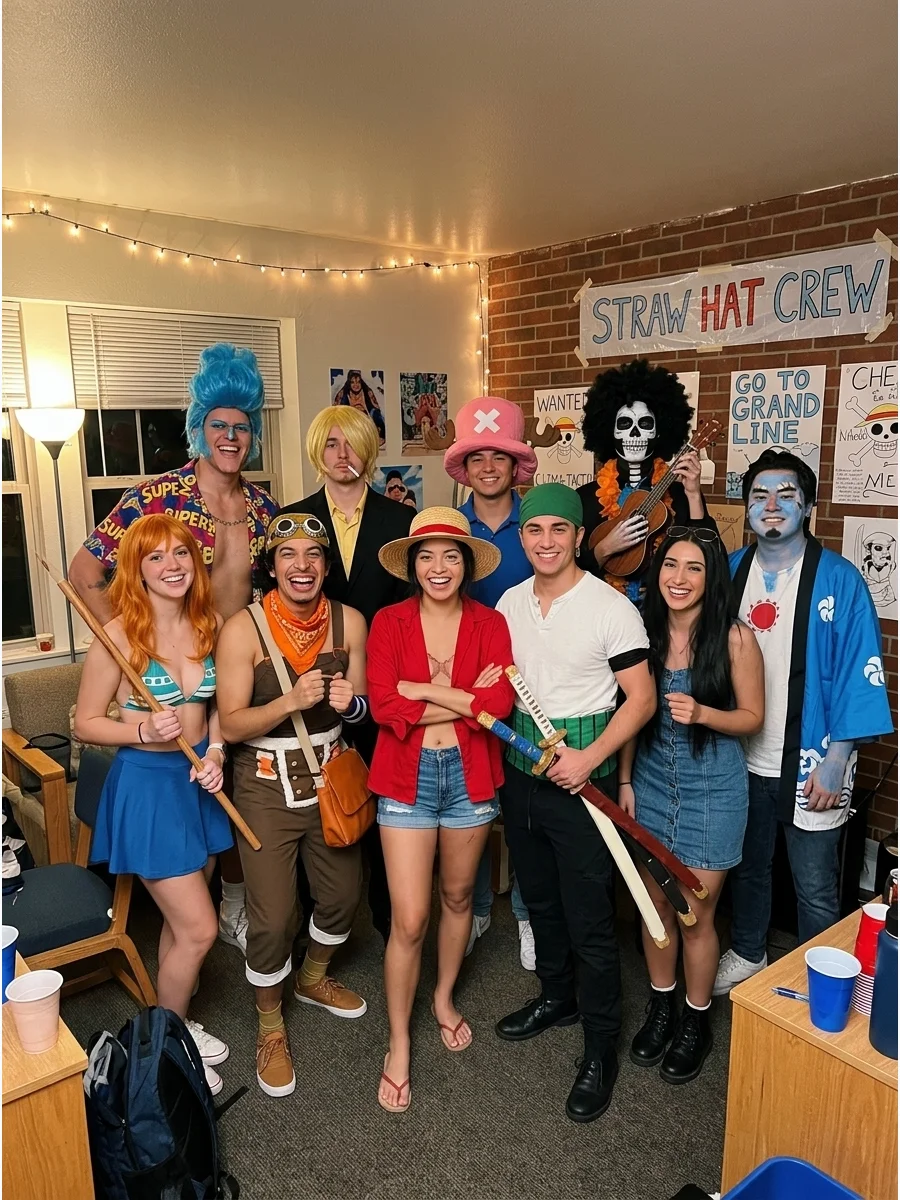 One Piece Crew. Gather a group of friends and assign everyone a different member of the Straw Hat crew. Focus on each character’s signature colors, hat, hairstyle, and clothing rat