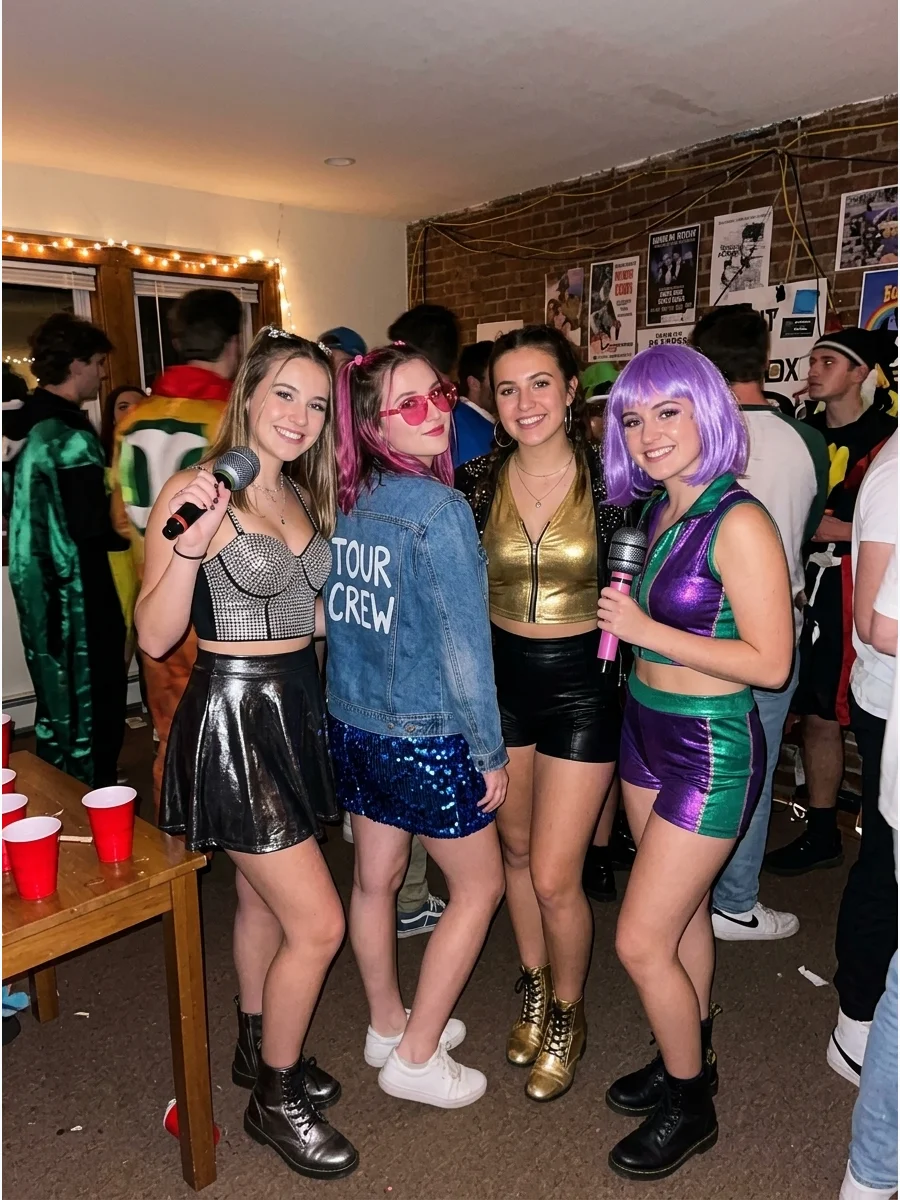 Pop Star Tour Crew. Create sparkling stage outfits using rhinestone tops, metallic skirts, boots, sunglasses, and toy microphones. Each friend can represent a different music era o