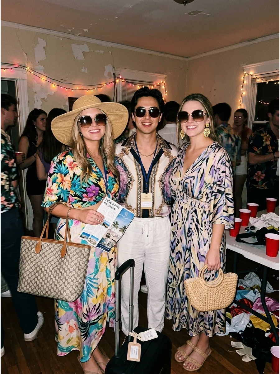 The White Lotus Vacationers. Dress like dramatically stylish resort guests in tropical shirts, flowing dresses, sunglasses, sandals, and oversized bags. Add fake room keys, travel