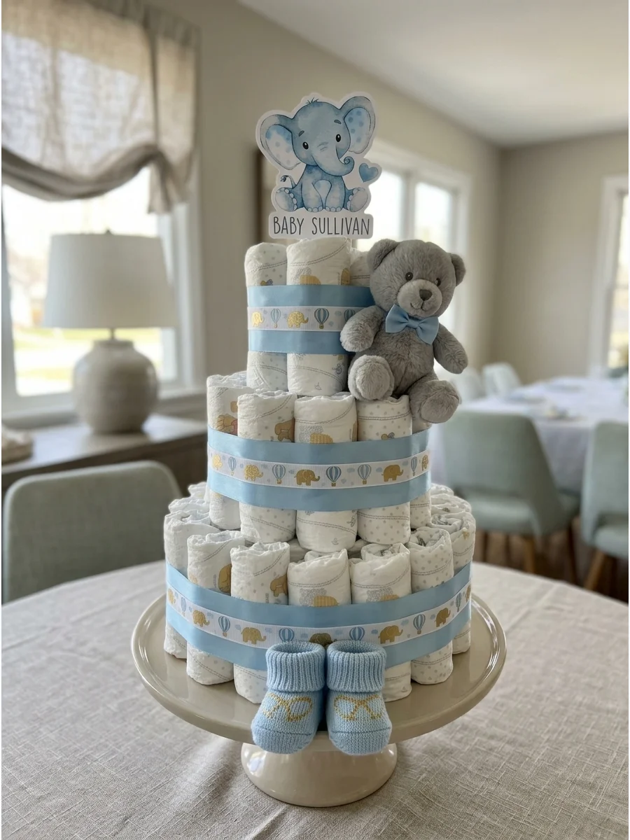 A three-tier edible sandwich tower decorated with blue ribbons on a white table.