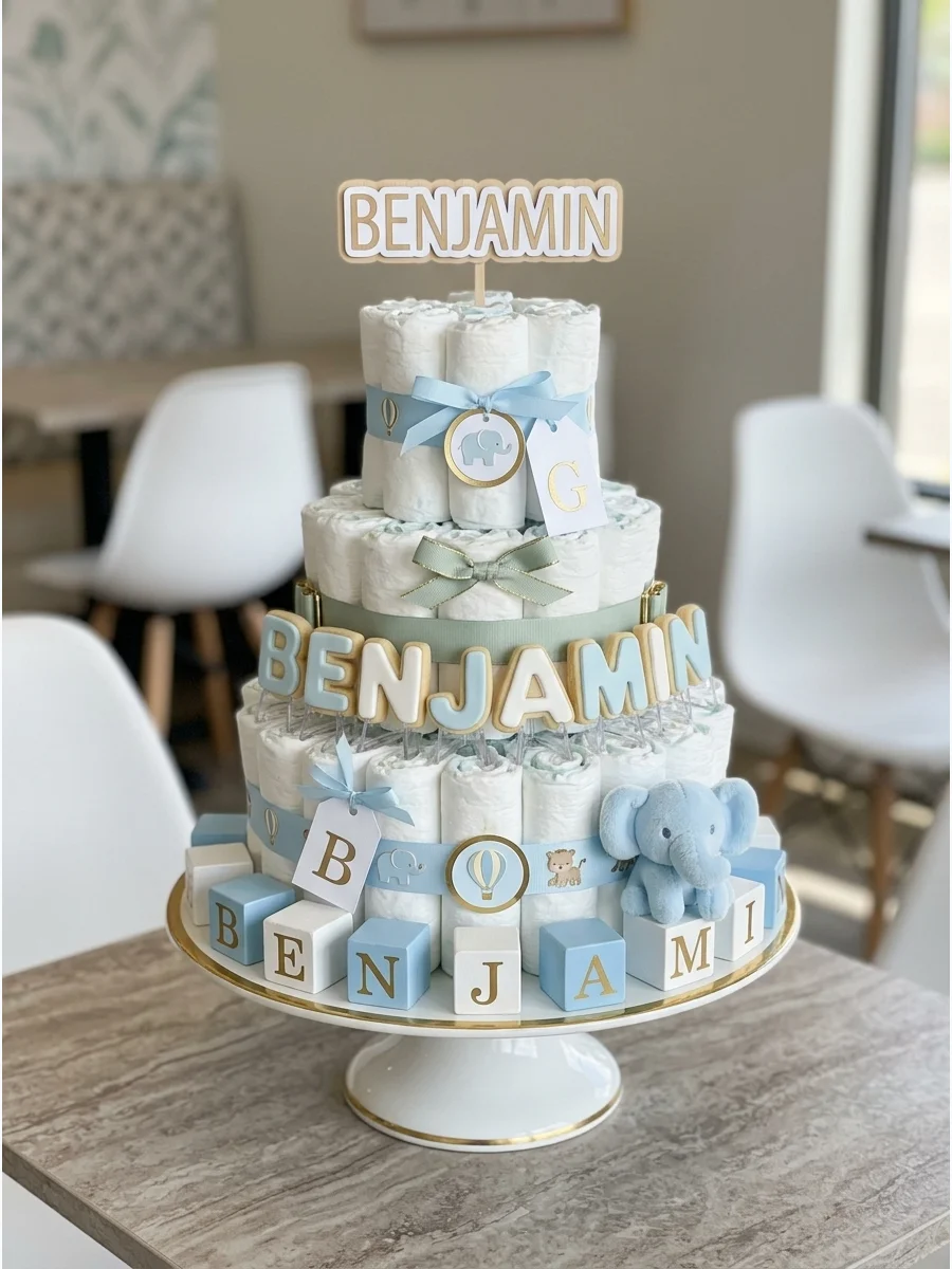 A tiered cookie stand spelling out a baby's name with green accents.
