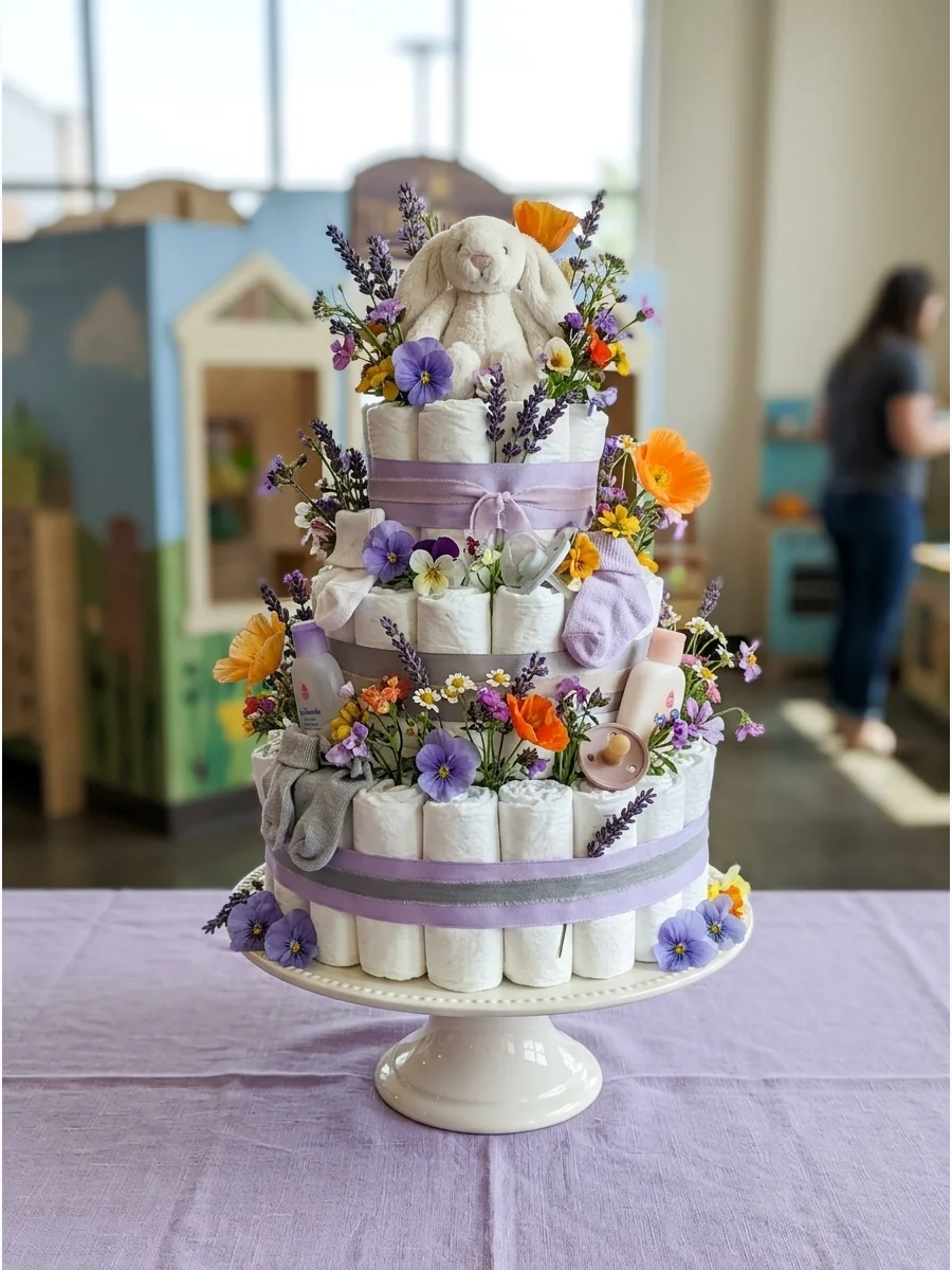 A tiered display of tea sandwiches decorated with edible wildflowers.