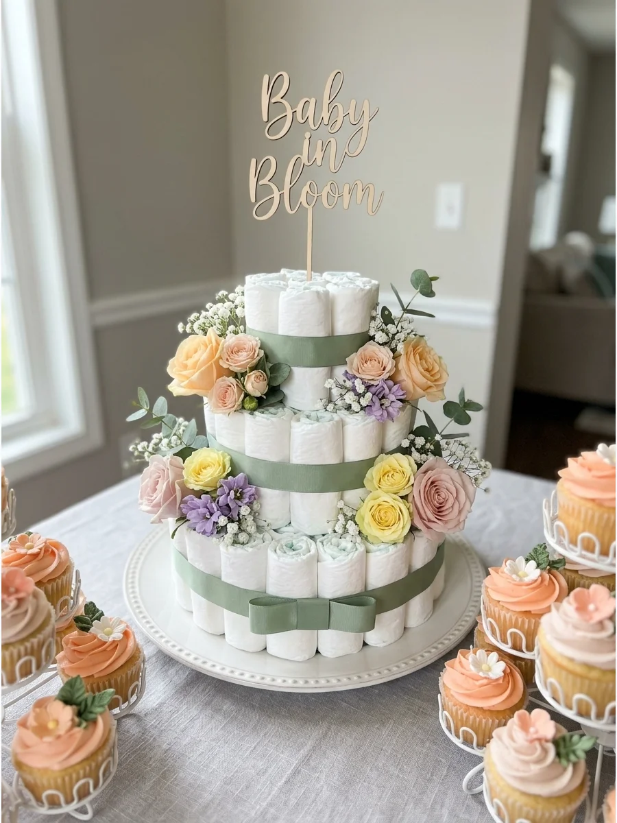 A tiered cupcake stand with peach and pink floral decorations.