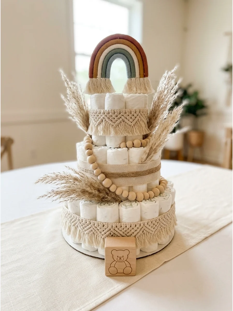 A fruit skewer tower arranged in rainbow patterns on a wooden board.