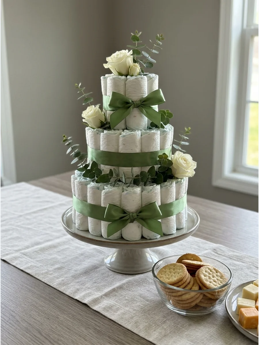 A savory cheese tower decorated with greenery and grapes.
