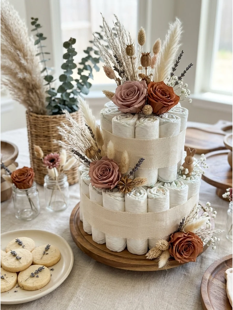 Shortbread cookies stacked in a tower with dried floral accents.