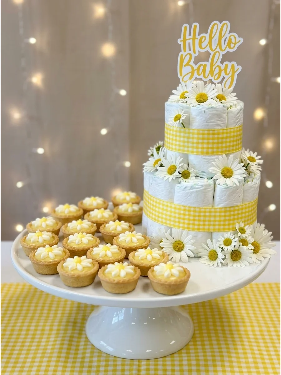 Lemon tarts decorated like daisies on a tiered party tray.