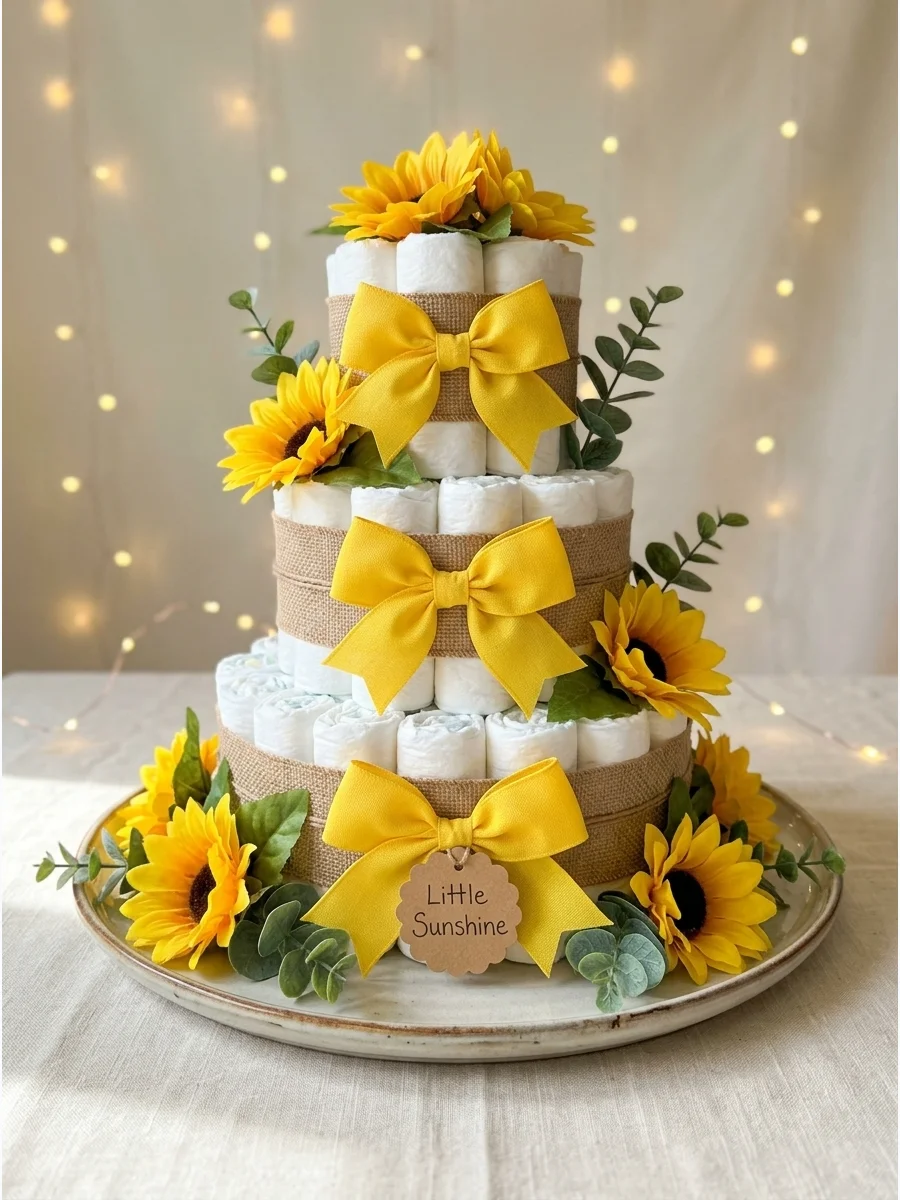 A yellow macaron tower styled to look like a sunflower.