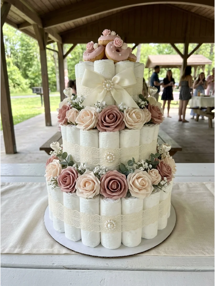 A donut tower decorated with roses and pink icing.