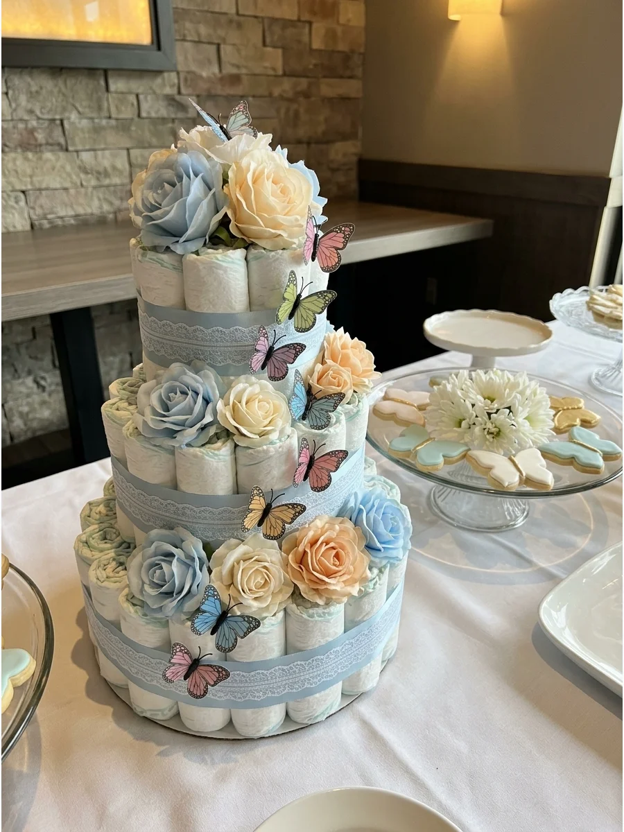 Butterfly cookies arranged on a tiered glass display with flowers.