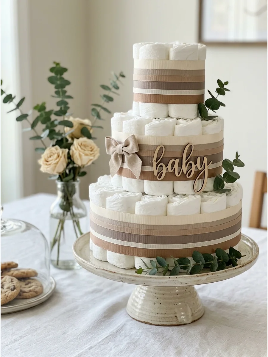 A neutral-toned cheese and cracker tower on a wooden display stand.