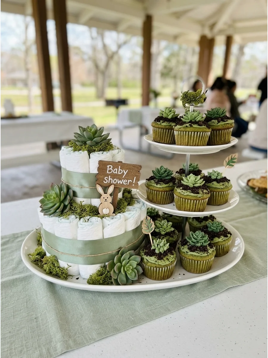 A muffin tower decorated with green succulent-shaped frosting.