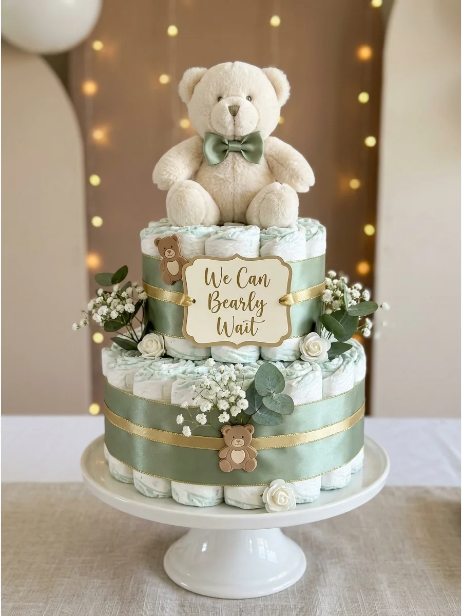 A dessert tower made of teddy bear cookies with a bear topper.
