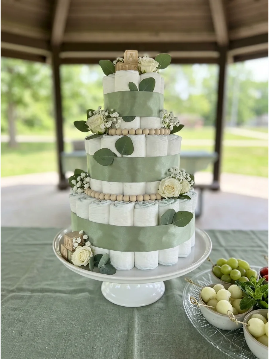 A sage green fruit tower featuring grapes and melon on a white tray.