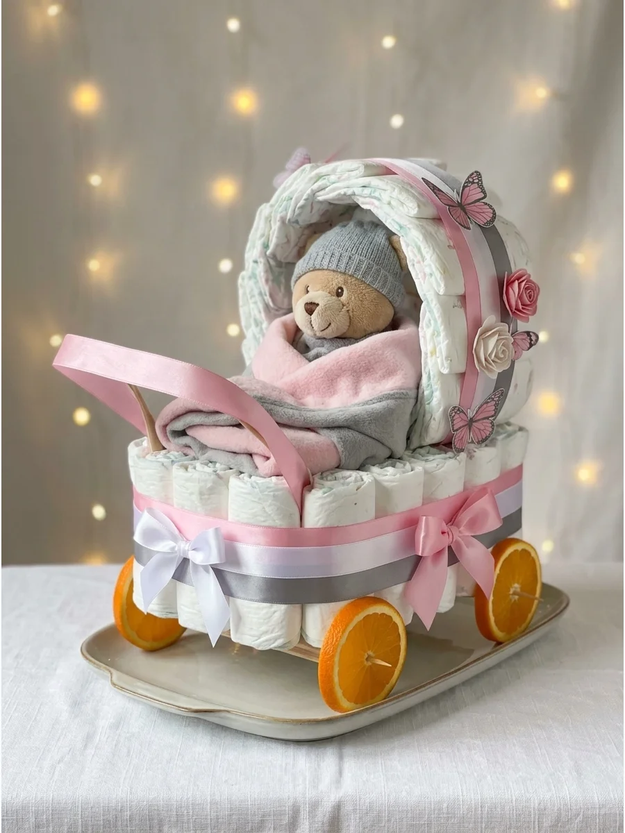 A watermelon carved into a baby stroller shape filled with fruit salad.