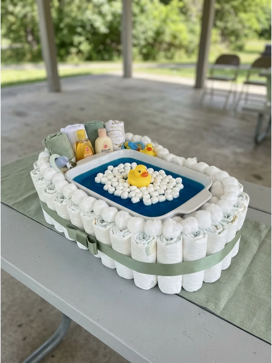 A blue gelatin dessert in a white dish topped with marshmallow bubbles.