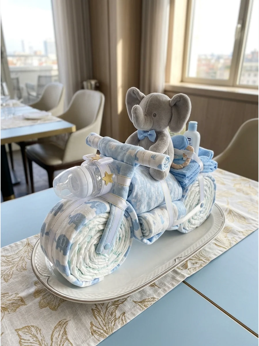 A motorcycle shape made from doughnuts, a banana, and pretzel rods.