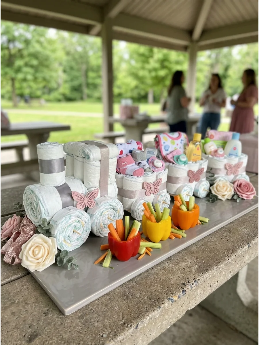 A vegetable train made from bell peppers and cucumber wheels.