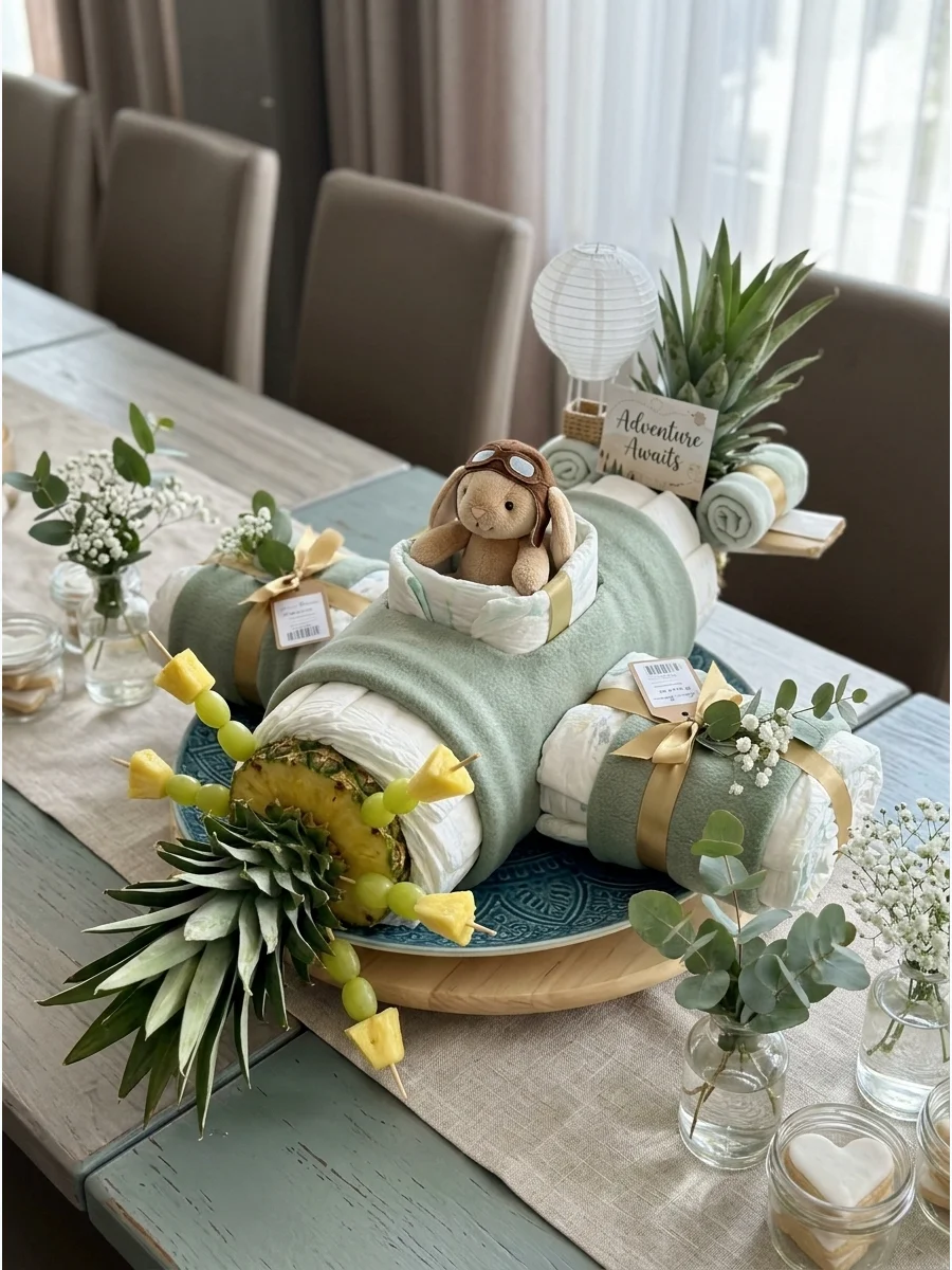 A pineapple airplane with fruit and cheese skewer wings.