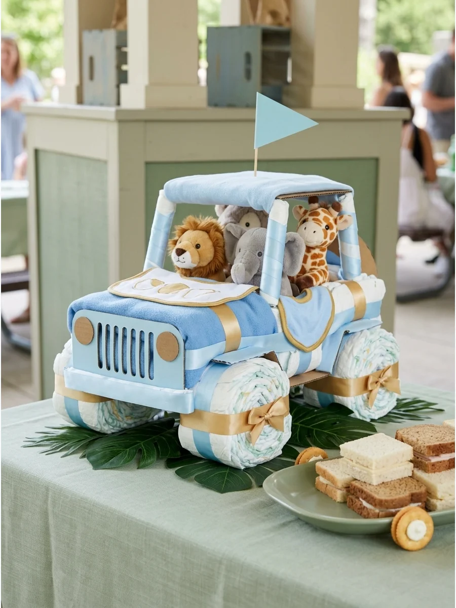 A jeep shape made from stacked sandwiches and cracker wheels.