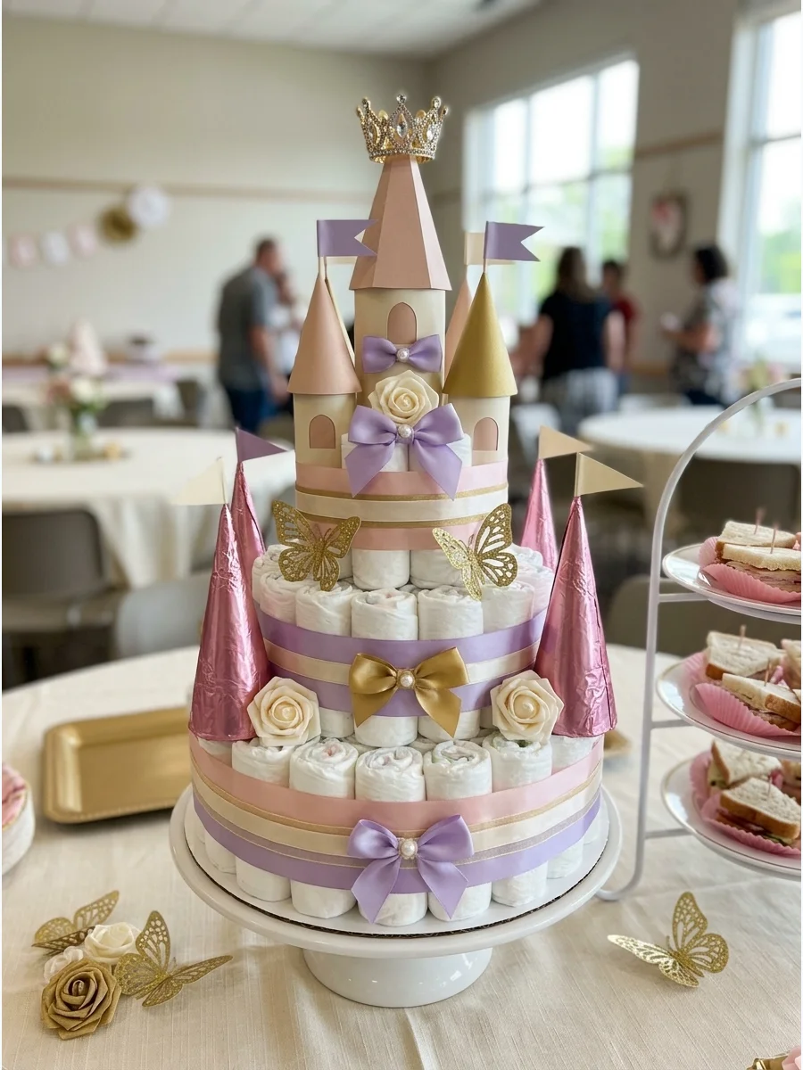 A castle-shaped sandwich tower with cone turrets on a white stand.