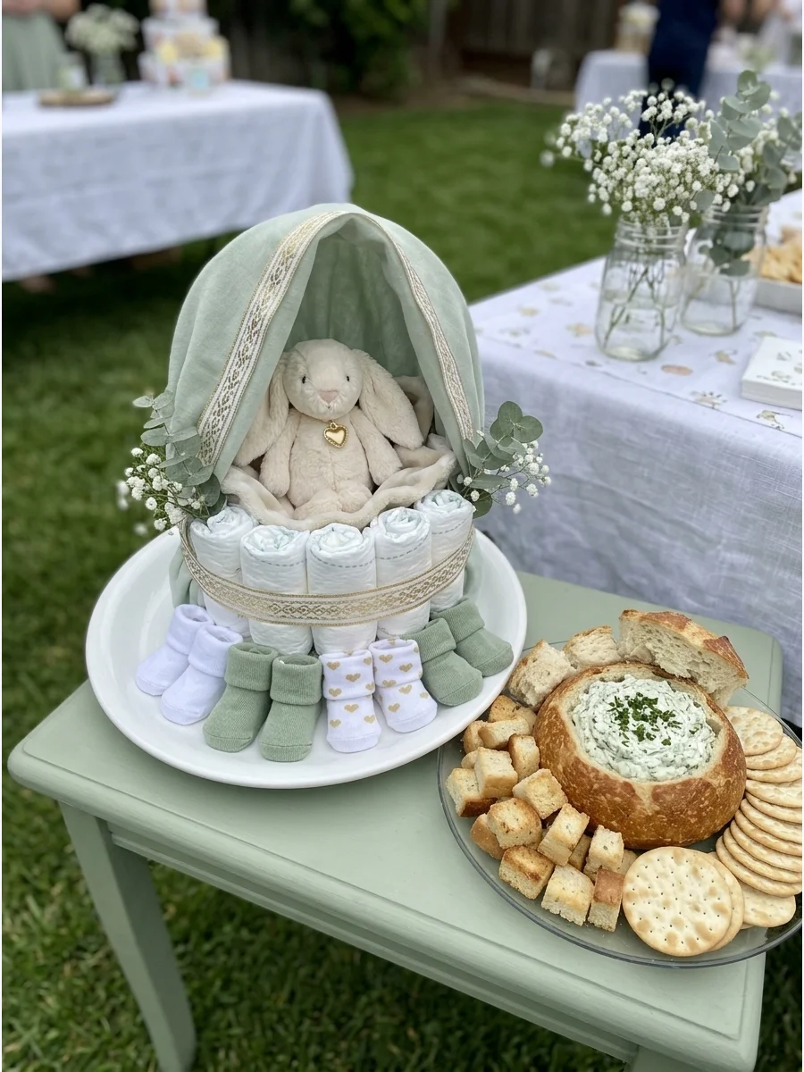 A sourdough bread bowl shaped like a bassinet and filled with dip.