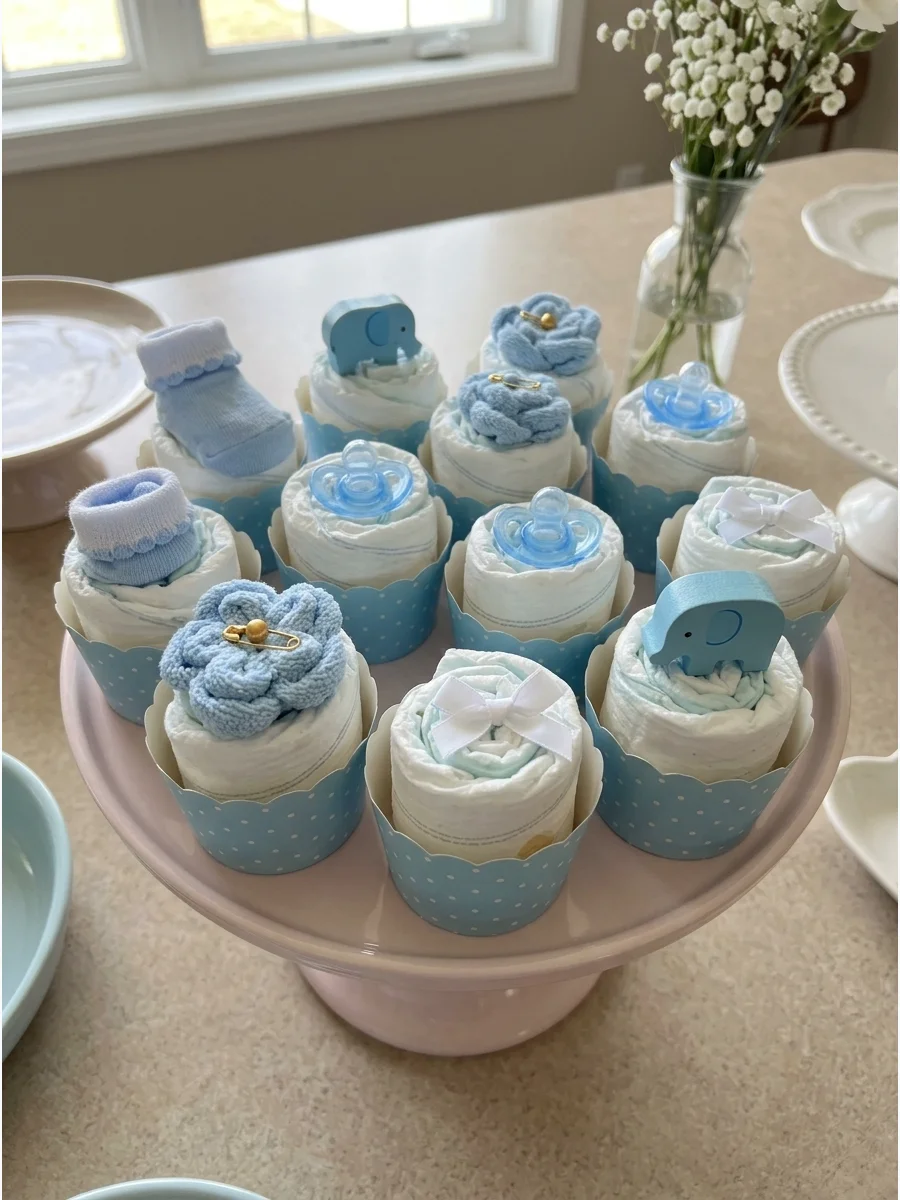 Cupcakes wrapped in white fondant to look like diapers.