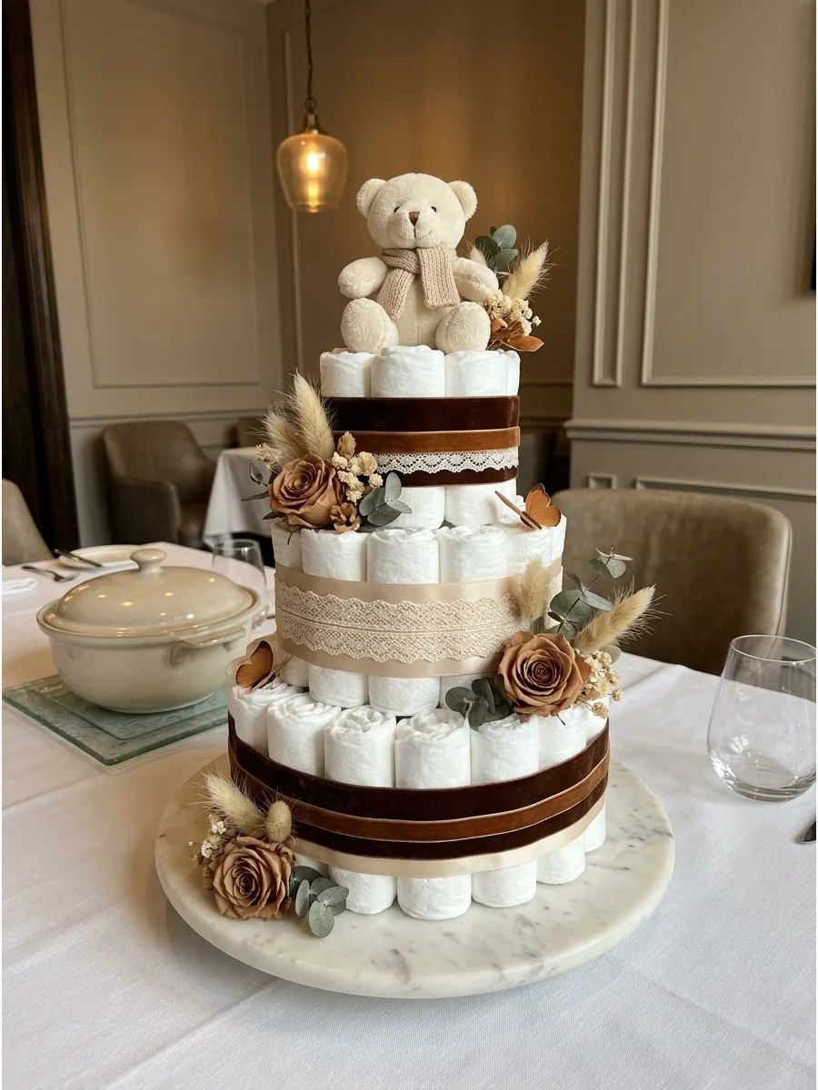 A mocha-colored dessert tower made of brownies and cream puffs.