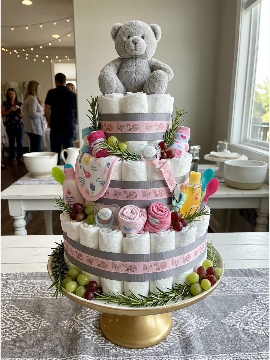 A three-tiered savory snack tower made of cheese and meat.