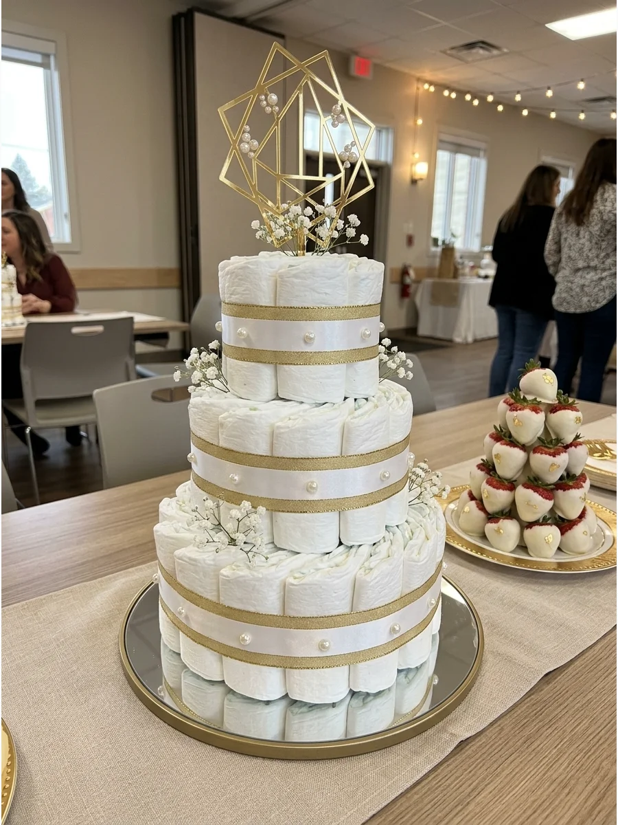 A white and gold strawberry tower on a mirrored cake stand.