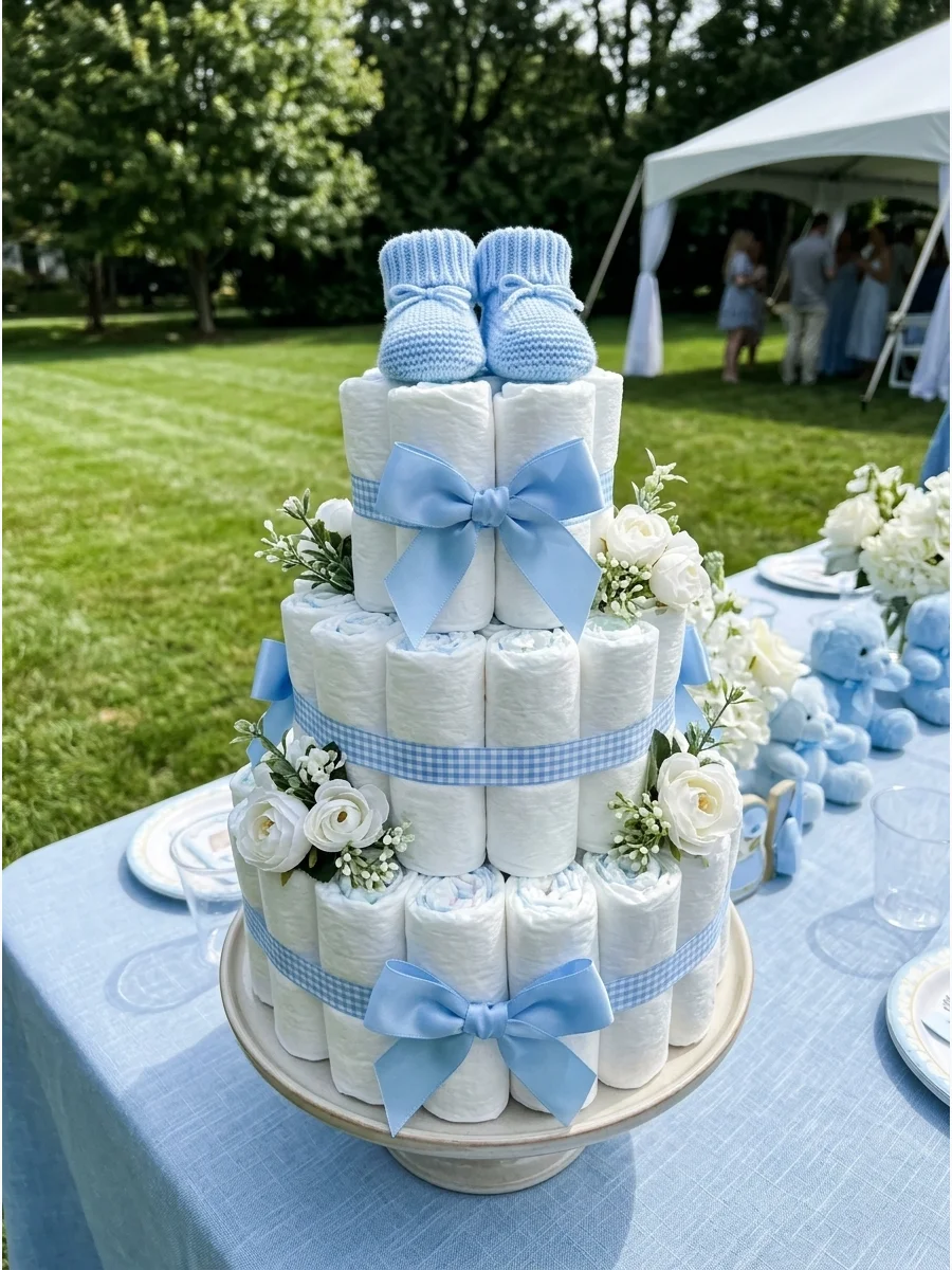 A tiered cupcake stand with blue frosting and ribbon decorations.
