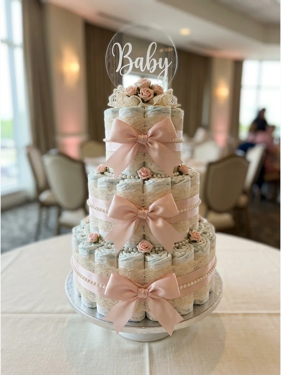 A pink and white macaron tower decorated with blush ribbons.