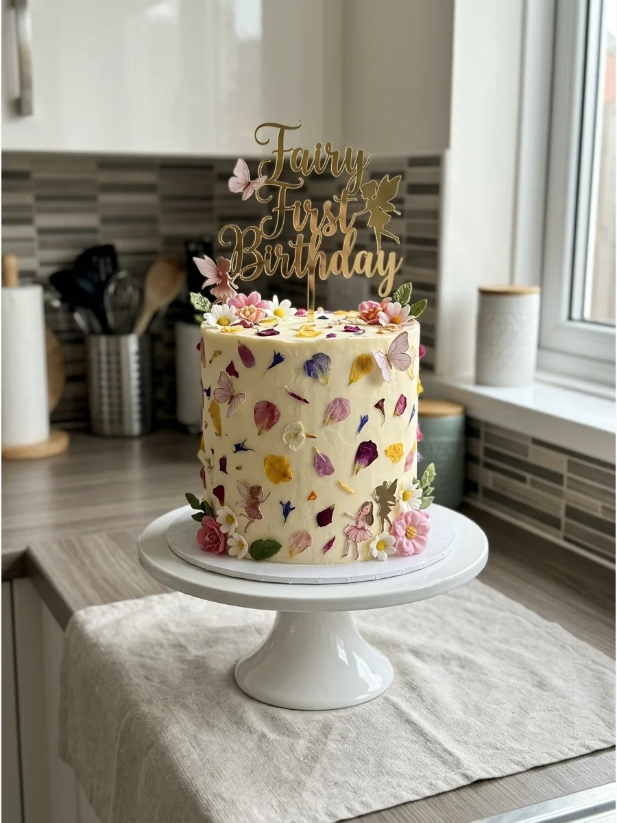 Cream birthday cake with pressed flowers and gold fairy topper.