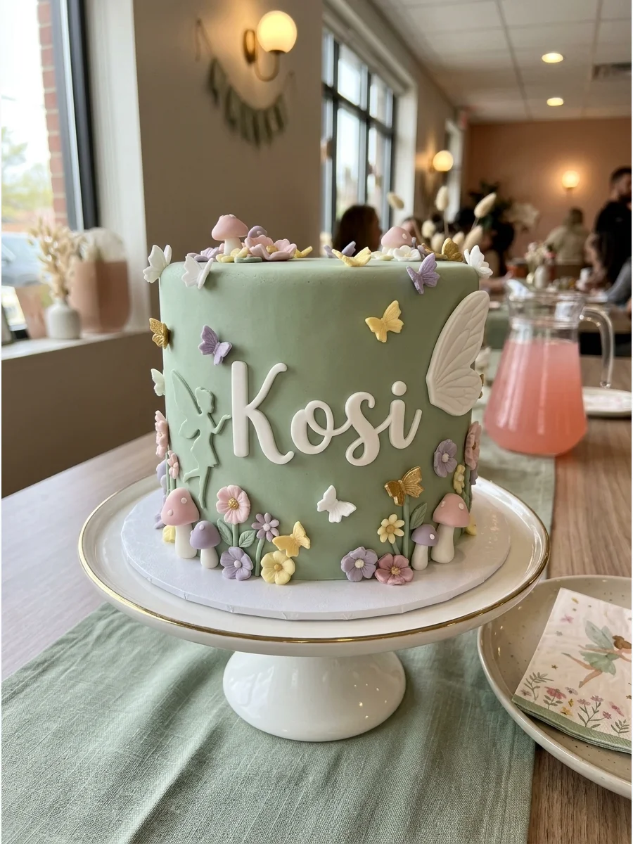 Sage green cake with a personalized name and butterflies.