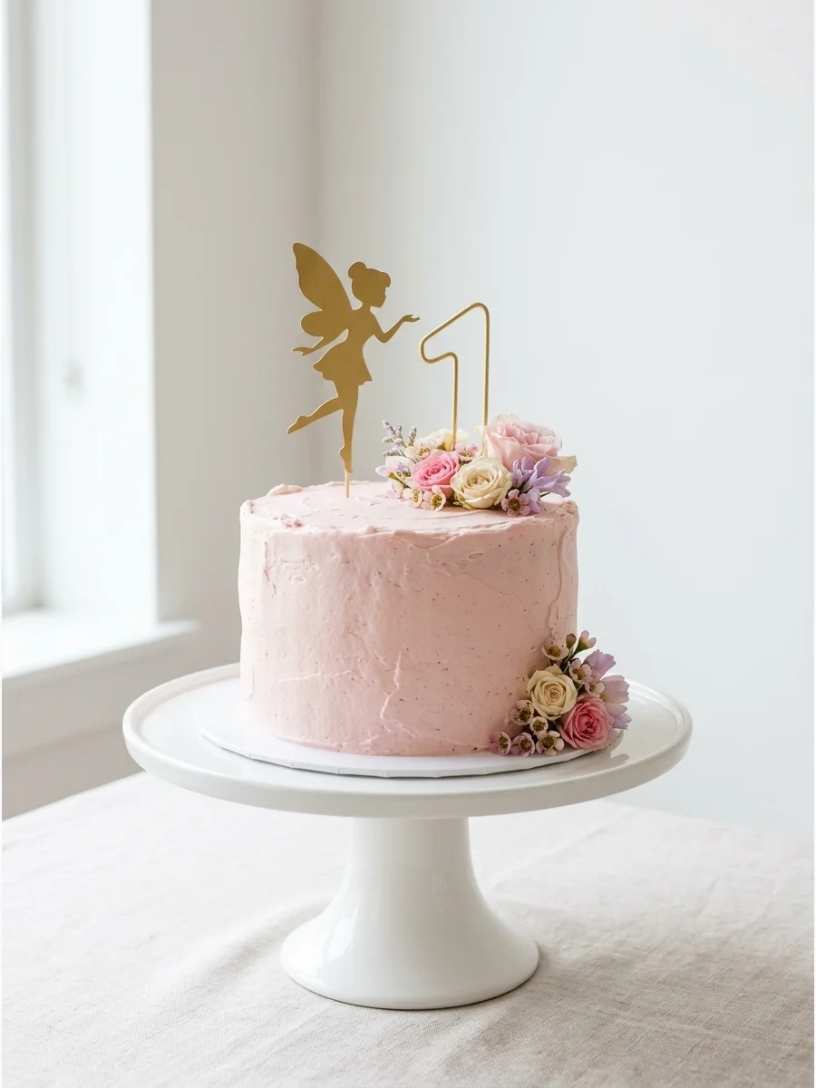 A small pale pink smash cake with a gold fairy topper on a white stand.