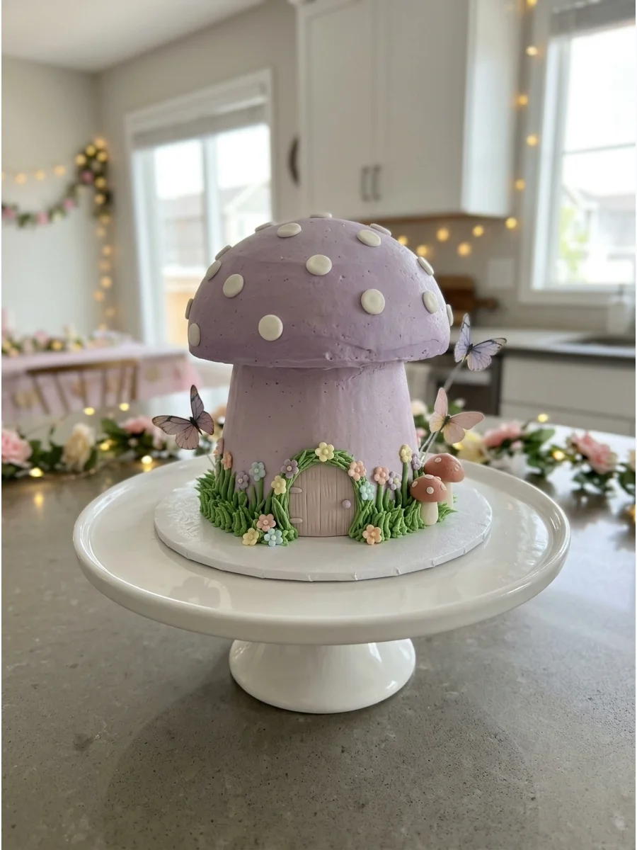A lavender mushroom-shaped smash cake with white dots on a wood slice.