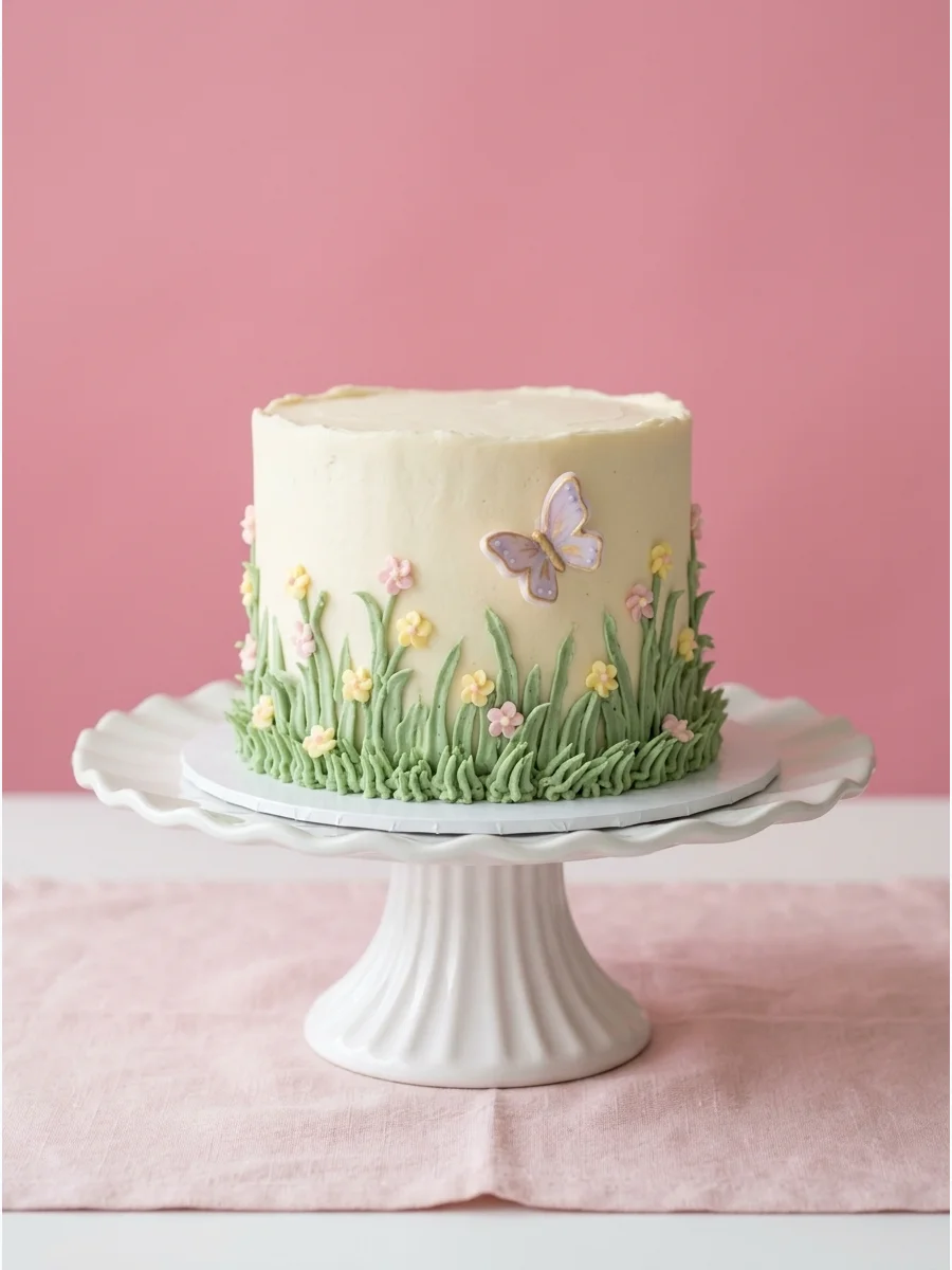A cream smash cake with green buttercream grass and tiny pink flowers.