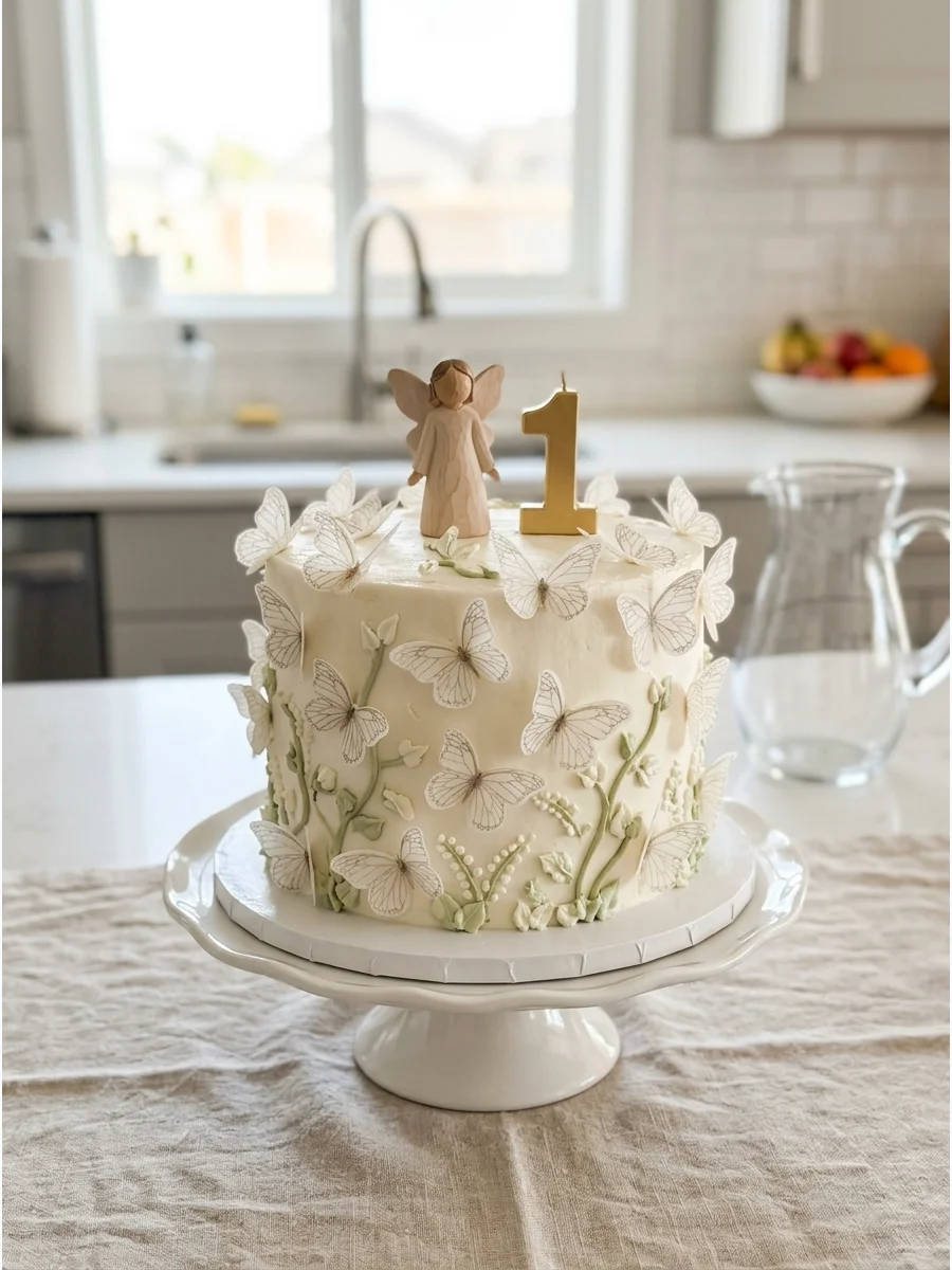 A blush pink smash cake decorated with white edible butterflies.