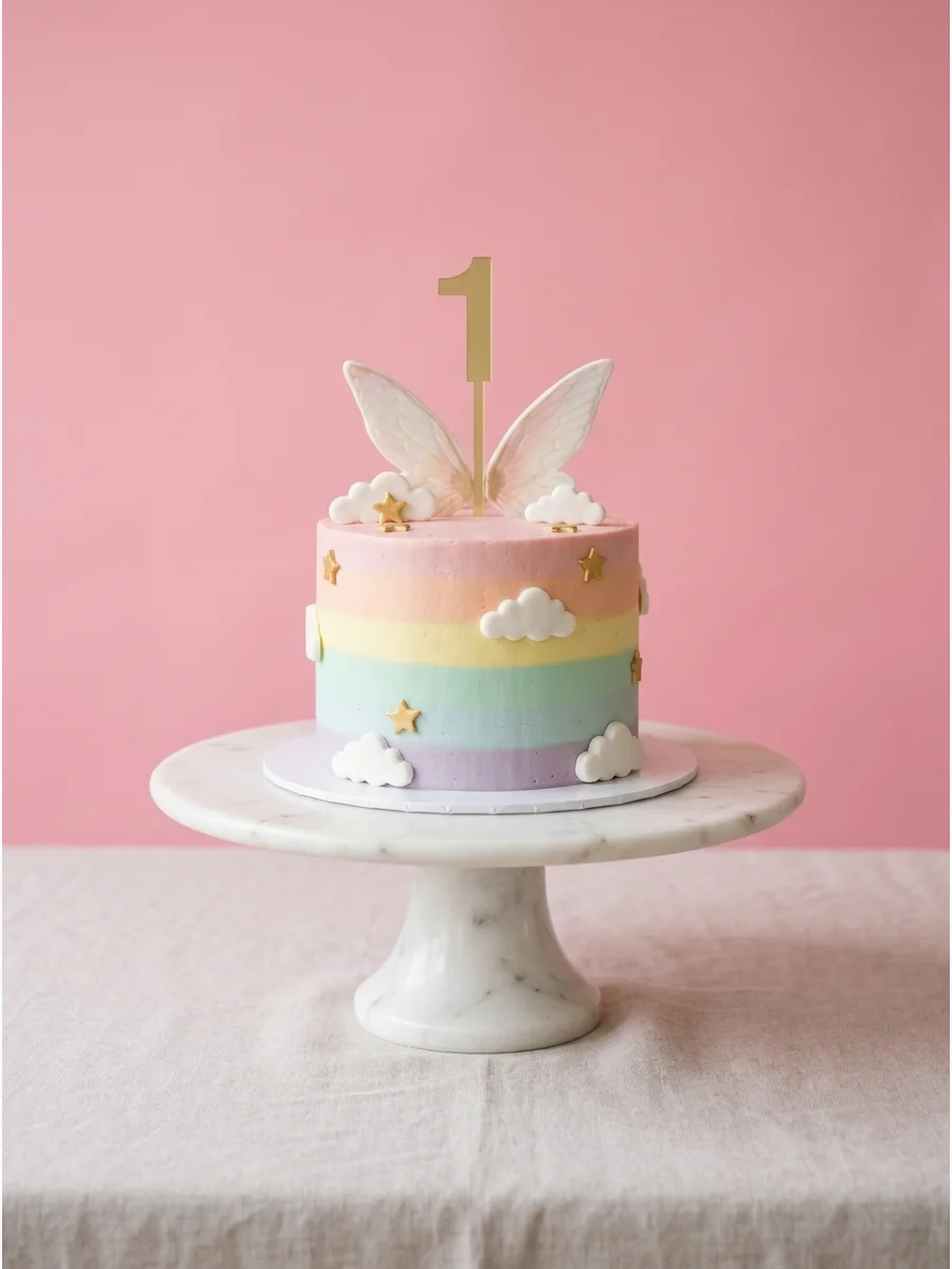 A small smash cake with pastel rainbow frosting stripes on a marble stand.
