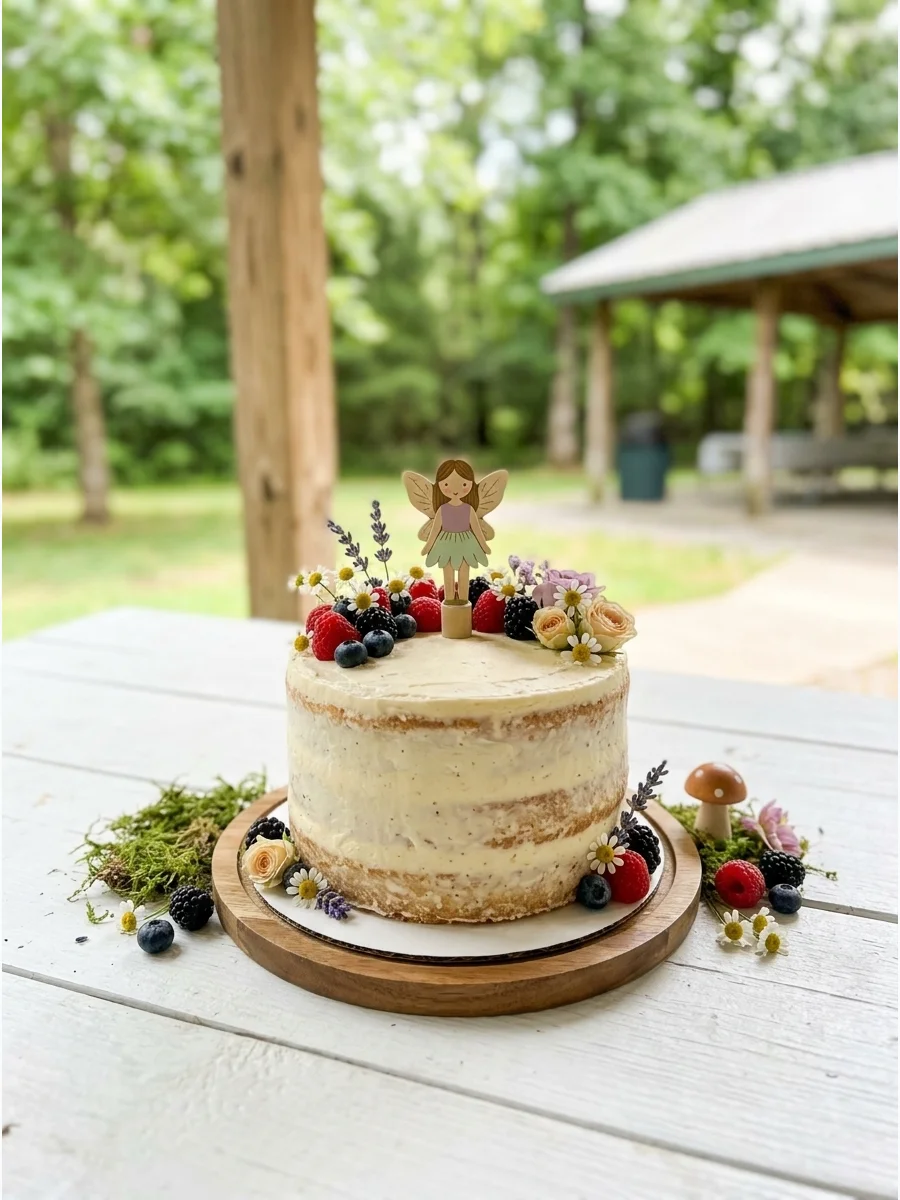 A semi-frosted naked cake topped with fresh berries and a fairy cutout.