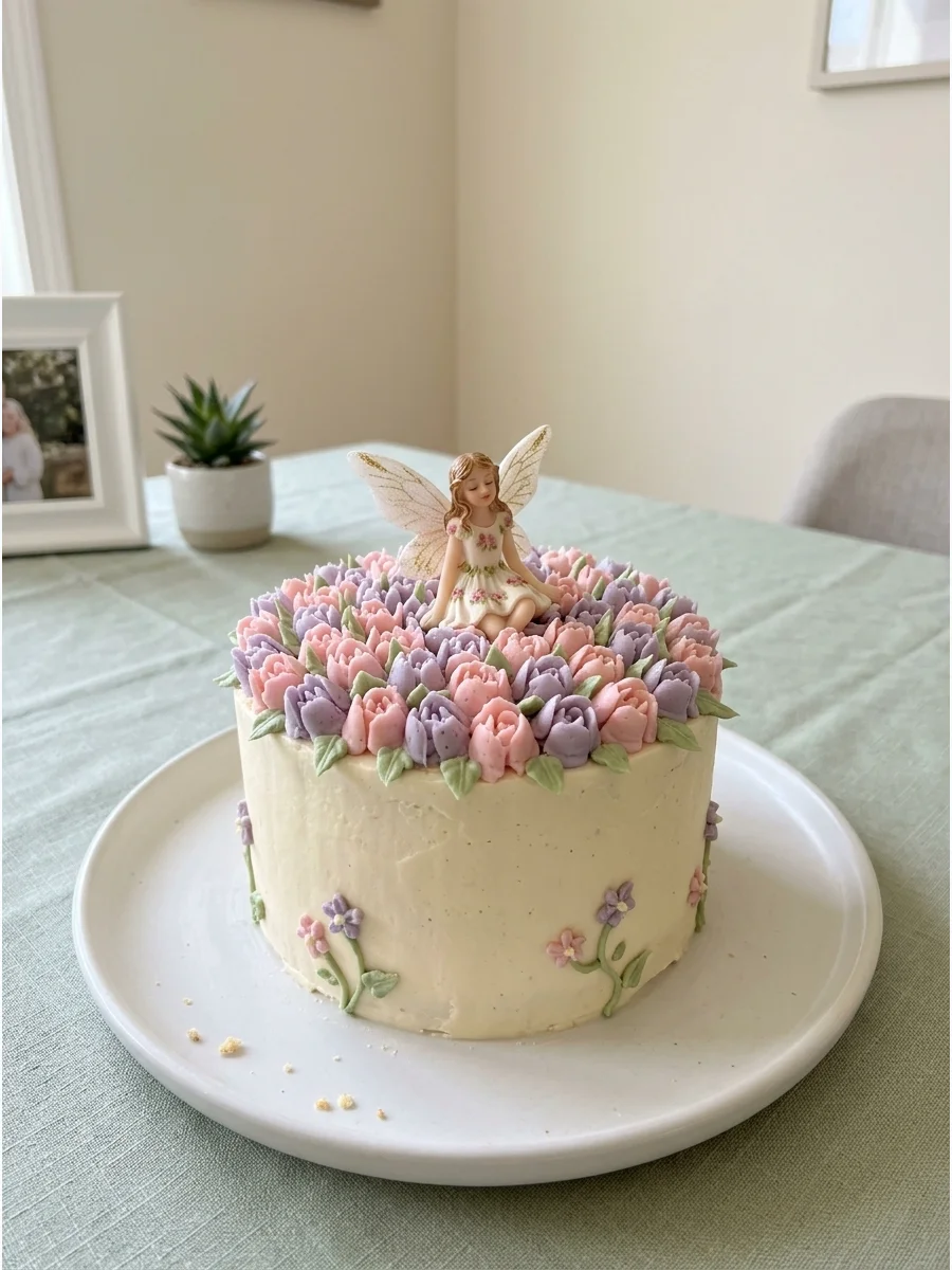 A white smash cake topped with pink and lavender buttercream flowers.