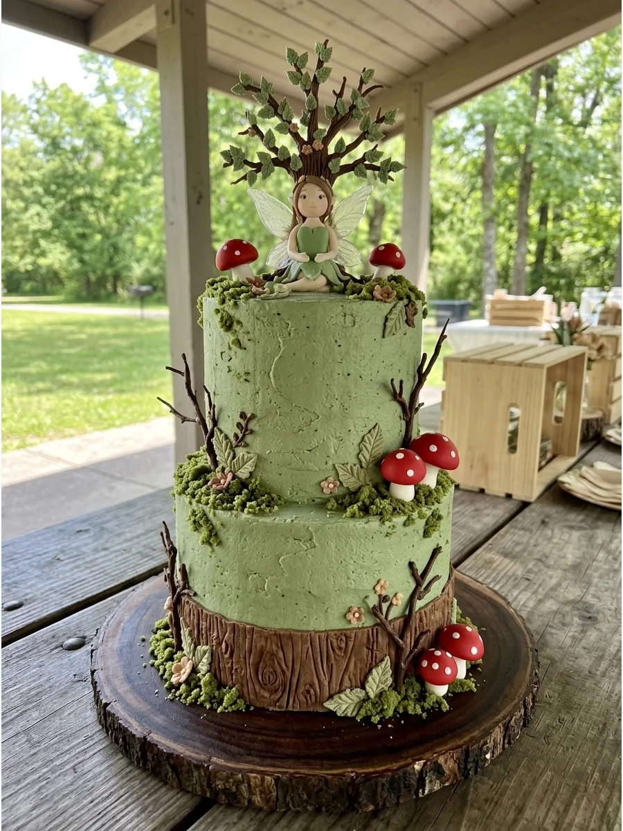 A sage-green woodland cake with moss textures and miniature mushrooms.