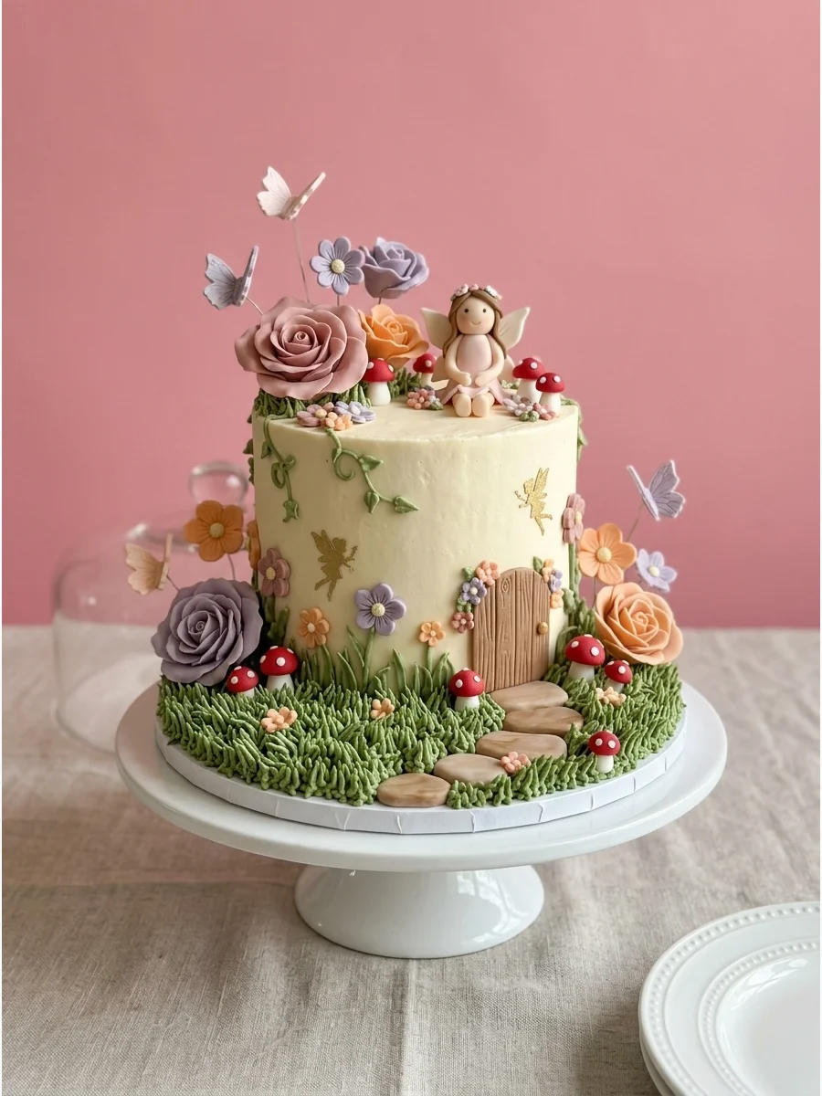 Fairy garden cake with green grass frosting and chocolate stones.