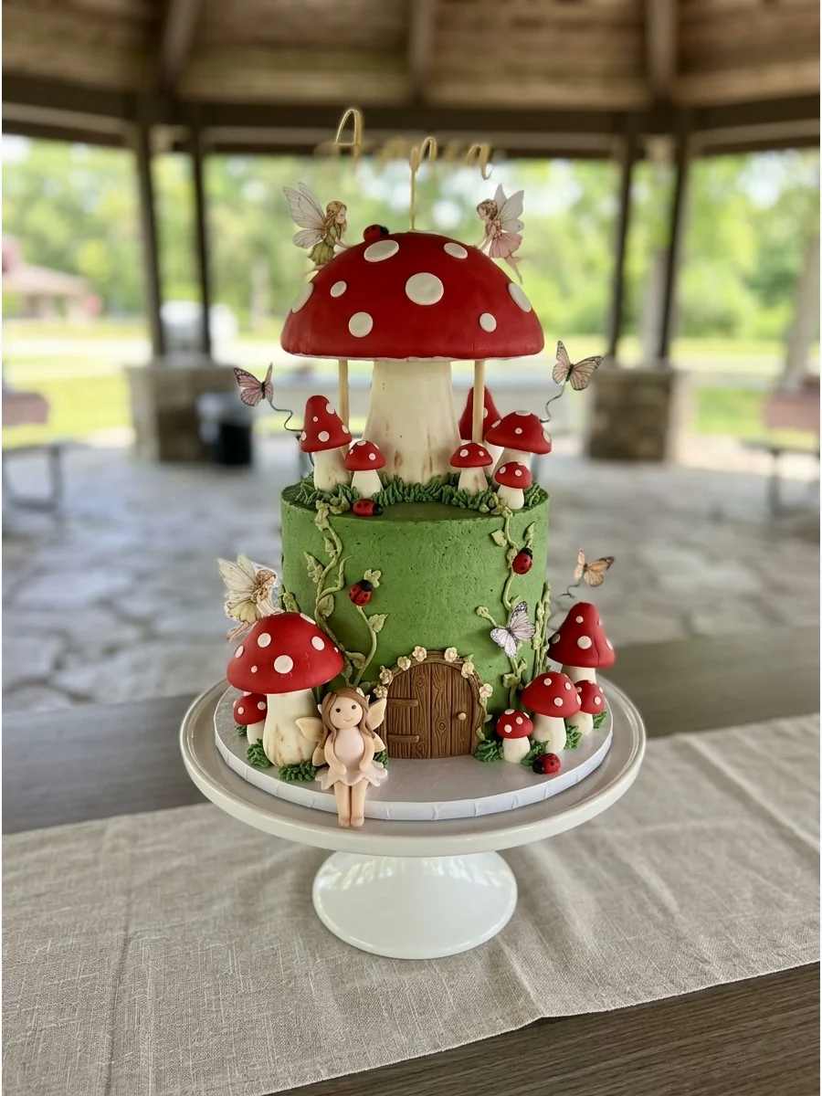 A two-tier cake designed to look like a red and white toadstool mushroom.