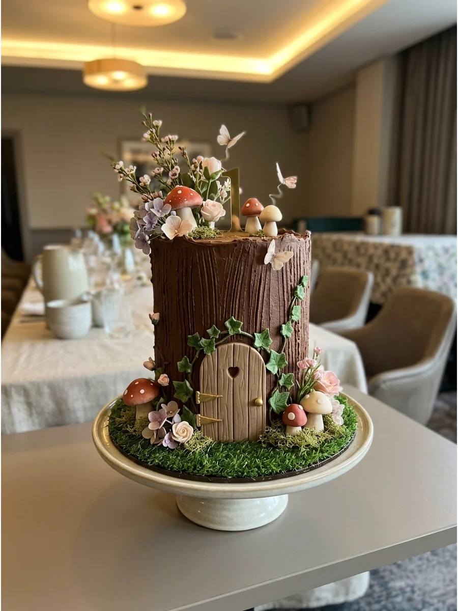 A chocolate buttercream cake textured to look like a tree stump with a tiny fairy door.