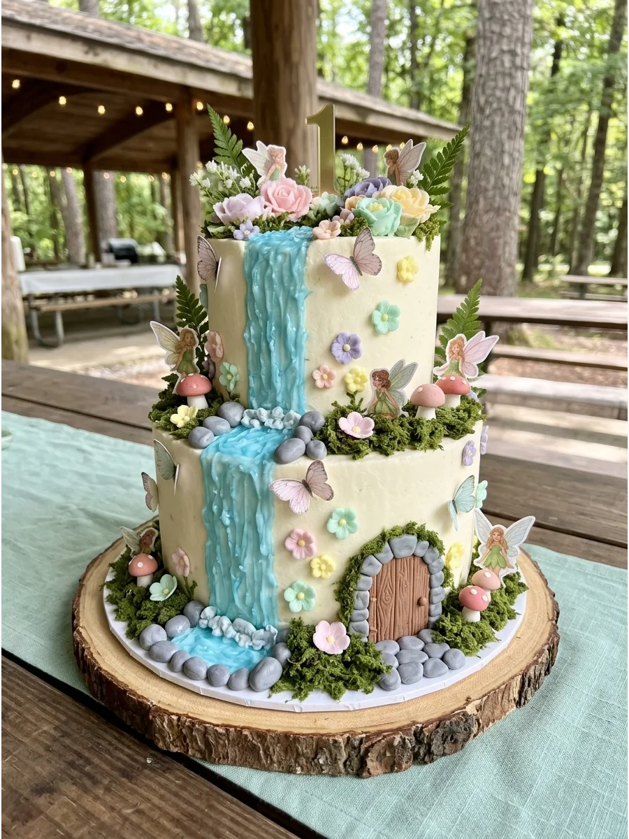 A two-tier woodland cake with a blue edible waterfall and miniature fairy figurines.