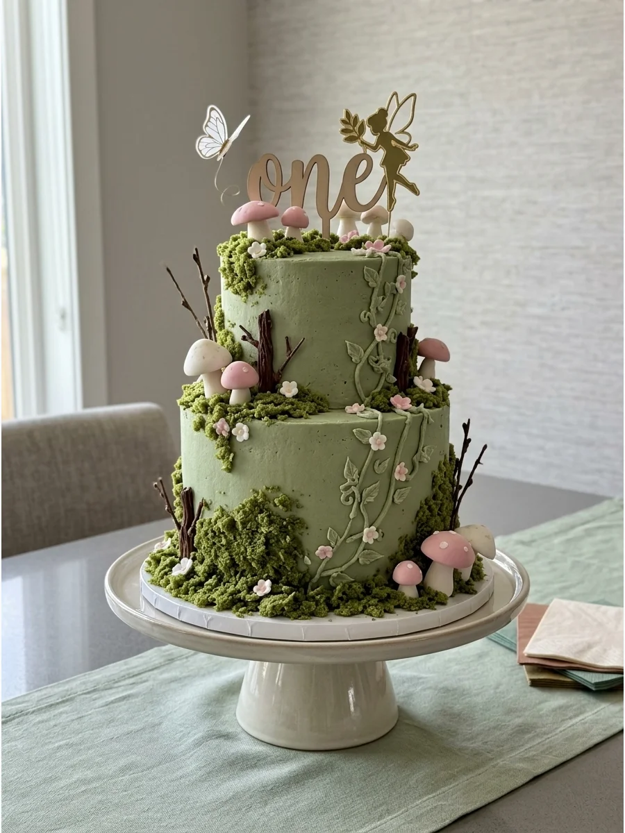 A sage green birthday cake decorated with edible moss crumbs and a wooden number one.