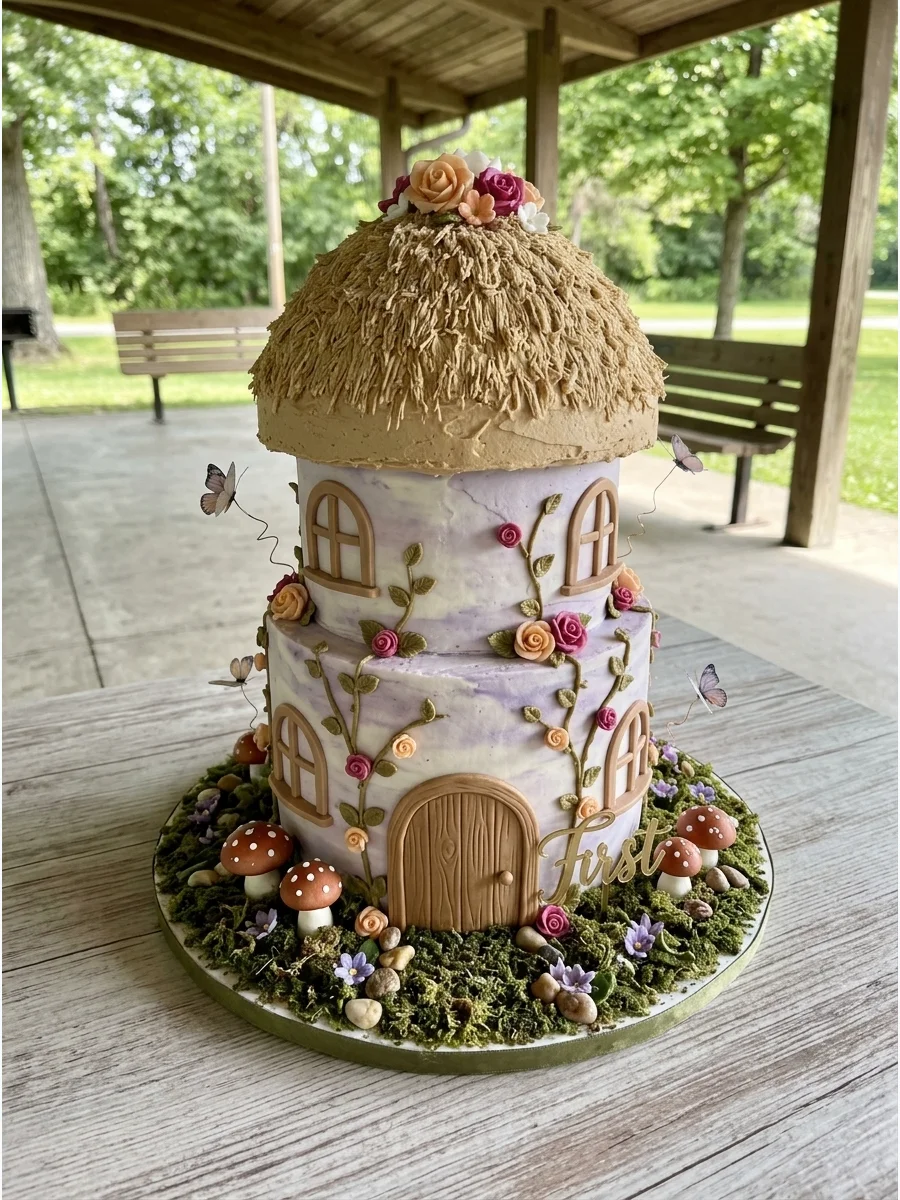 A cake sculpted to look like a fairy cottage with a thatched roof and flower gardens.